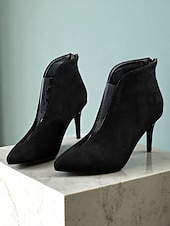 abordables Bottines-Bottines à talons aiguilles noires pour femmes - bottines à bout pointu en daim avec design en V pour un look de bureau chic et urbain et un style streetwear d&#039;automne