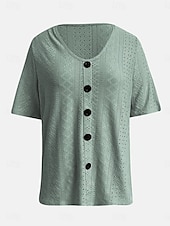 abordables Hauts en dentelle-Hauts en dentelle blancs élégants pour femmes Blouse en œillets Hauts quotidiens réguliers à manches courtes col en V Boutons Détente ample Hauts romantiques petits pour l&#039;été Vacances Blanc Rose