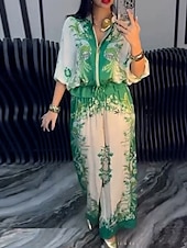 economico Abiti da donna con camicetta-Per donna Blusa Set di Pantaloni Manica Lunga Collo alla coreana Floreale Coulisse Stampato Attivo Moda All'aperto Uscire Blu Arancione Verde Autunno Vestibilità regolare