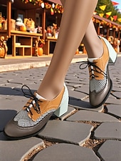abordables Zapatos Oxford de mujer-Zapatos brogue oxford de tacón grueso con bloques de color para mujer: zapatos de vestir vintage con cordones de los años 50 con detalle de espiga de tweed para la oficina, el Oktoberfest y la moda de
