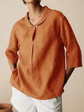 economico Camicie-Per donna Camicie di cotone e lino Semplice Quotidiano Moderno Manica 3/4 Colletto a Camicia Top Regolari Quotidiano Bottoni Nero Arancione Marrone Cachi Grigio Estate Primavera Autunno