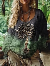 abordables Tops Boho pour Femmes-Chemisier femme graphique vintage quotidien décontracté manches longues col V régulier hauts tribal arbre de vie vintage designer vacances rue sortie quotidien vacances imprimé jaune violet fuchsia été printemps automne