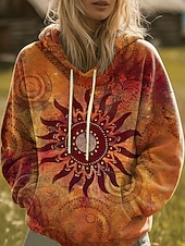 cheap Boho Tops-Women&#039;s Pullover Hoodie Sweatshirt Graphic Rainbow Casual Boho Long Sleeve Hooded Regular Tops Street Dailywear Print Front Pocket Yellow Pink Blue Orange Fall Winter