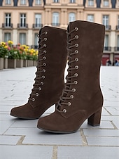 abordables Bottes à la mode-bottes à lacets en daim marron pour femmes - bottes mi-mollet vintage modernes avec talons épais pour la mode de tous les jours, les promenades d&#039;automne et les costumes à thème