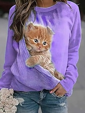 economico Animali Tops-Per donna Felpa Pullover Stampato Grafico Animale Gatto Casual Manica Lunga Girocollo Top Regolari Casuale Streetwear Ferie Blu Rosa Viola Arancione Verde Primavera Autunno Inverno