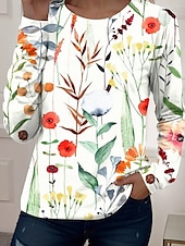 abordables T-shirt floral-Femmes T-shirt Fleuri Graphique Dégradé Élégant ancien Classique manche longue Col ras du cou Col rond Hauts Réguliers Quotidien Sortir Week-end Imprimé Blanche Été Printemps Automne Printemps