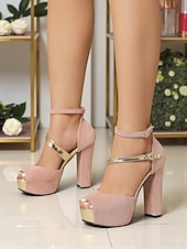 preiswerte Nachtleben Party-Damen-Sandalen aus rotem Wildleder mit Plateau und Blockabsatz – Peep-Toe-High-Heels mit Knöchelriemen für Partys im Nachtleben und abendliche Clubwear