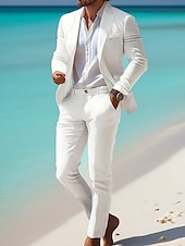 abordables Blazers Classiques pour Hommes-Homme Blazer en lin Ensemble Affaires Cocktail Fête de mariage Mode Occasionnel Printemps Automne 30% Lin 60% polyester Uni Avec Poches 2 pièces Confortable Simple Boutonnage veste Blanche Kaki Bleu