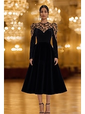 economico Abiti da cocktail-Abiti da cocktail in velluto elasticizzato nero con applicazioni in pizzo ricamato a trapezio, eleganti, formali, da sposa, lunghezza tè, maniche lunghe, girocollo, 2025