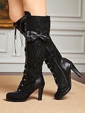 ieftine Victorian și Edwardian-Cizme de damă până la genunchi, inspirate din stilul victorian din anii 1890, din dantelă neagră, cu fundă, pentru tocuri elegante, pentru petreceri tematice și evenimente vintage elegante &amp;evenimente