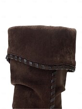 levne Slouch Boots-Dámské semišové kozačky v moka hnědé barvě do půli lýtek s pleteným páskem, překlápacím designem a kotníkovými podpatky, městská ležérní módní obuv pro každodenní streetwear.