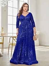 economico Semi-formale / Cocktail-Linea ad A Lunghezza al pavimento Abiti da festa Elegante Manica Lunga Scollo a V Formale Invitato a matrimonio autunnale Con Paillettes con Glitter Paillettes