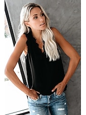 abordables Hauts en dentelle-Femmes Hauts d&#039;été Uni Élégant Sans manches Col en V Hauts Réguliers Noir Blanche Rose Claire Bleu Ciel Abricot Été