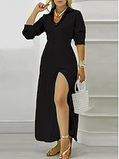 abordables Robe noire-Femmes Robe Longue Maxi Robe Robe Chemise Élégant Quotidien Coupe régulière Couleur Unie manche longue Col en V Noir Blanche Jaune Bleu Automne