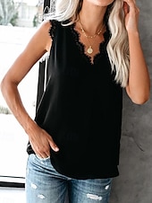 abordables Hauts en dentelle-Femmes Hauts d&#039;été Uni Élégant Sans manches Col en V Hauts Réguliers Noir Blanche Rose Claire Bleu Ciel Abricot Été