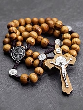 abordables Joyas para hombres-Rosario de madera para hombre con medalla de San Benito y crucifijo: cuentas de oración católicas para el culto religioso, la reflexión espiritual y la devoción diaria.