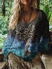 abordables Tops Boho pour Femmes-Chemisier femme graphique vintage quotidien décontracté manches longues col V régulier hauts tribal arbre de vie vintage designer vacances rue sortie quotidien vacances imprimé jaune violet fuchsia été printemps automne