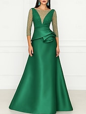 cheap A-Line Evening Dresses-A-Line Floor Length Evening Gown Ball Gown Formal Dress Elegant 3/4 Length Sleeve Illusion Neck Formal Wedding Pink Dress Satin with Beading