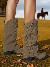 halpa Cowboy &amp; Western Boots-Naisten khakiväriset cowboy-saappaat, joissa on mokkanahkaa ja matala korko, ja jotka sopivat sekä ulkoiluun että maaseudulle.