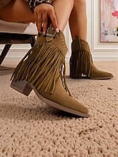 abordables Cowboy y botas occidentales-Botines de ante con flecos para mujer, ribete tachonado y hebilla estilo western, estilo vaquero bohemio.