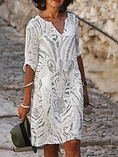 abordables robes imprimées en coton et lin-Femmes Mini Robe Robe Décontractée Robe Imprimée Mode Moderne Quotidien Plage Week-end Coupe régulière Animal Manche 3/4 Col fendu Gris Été Printemps Automne
