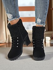 baratos Botas de tornozelo-Botas femininas de cano curto em malha preta com cadarço e strass e salto grosso - botas elegantes de inverno com salto para roupas de Natal e moda para o frio