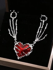 economico Accessori di Halloween-Collana da donna con ciondolo a forma di cuore e mano scheletrica per Halloween, catena con gemma rossa punk gotica, gioielli per feste in maschera e cosplay