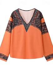 billige Boho topper-Dame Boho skjorte Bluse Blomsternål i krystall Moderne Bohem Langermet V-hals Vanlige topper Ferie Ut på byen Trykt mønster Svart Rød Oransje Mørkegrå Aprikos Sommer