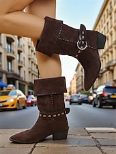 abordables Cowboy et bottes occidentales-Bottes mi-mollet en daim marron pour femme – bottines western à rabat avec bride à boucle et talons bas, chaussures rétro d&#039;automne pour le streetwear, tenues décontractées et looks d&#039;inspiration rodéo