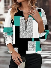 preiswerte Streifen- und geometrische Oberteile-Damen Pullover Sweatshirt Sweatshirts mit Reißverschluss Grafik Geometrisch Farbblock Mode Lässig Langarm Rundhalsausschnitt Normale Oberteile Straße Alltagskleidung Reißverschluss Druck Rote Blau