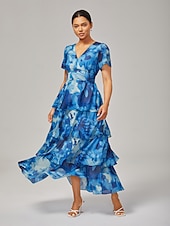 olcso Elegáns virágos ruhák-női esküvői vendégbuli maxi sifon ruha v nyakú, lenge többszínű, virágmintás, sötétzöld, vintage elegáns, egy vonalú, többszínű, fodros, tortaszoknya, derékban szűkített, rugalmas hátrészű ruha