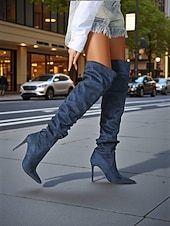 abordables Bottes souples-Bottes hautes pour femmes, style jambe large, convertibles au-dessus du genou, bottes à talon aiguille à bout pointu en daim pour des tenues de mode décontractées urbaines