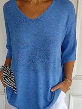 economico Colori solidi-Per donna Felpa Maglione Quotidiano Elegante Casual Tinta unica A Coste Scollo a V Lavorato a maglia Manica 3/4 Top Regolari Maglia All&#039;aperto Quotidiano Nero Bianco Estate Primavera