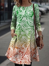 tanie Sukienka boho-Damskie Sukienka mini Sukienka t-shirtowa Sukienka A line Urlop Codzienny Codzienny Randka Regularny Ombre Graficzny W Tureckie Wzory Długi rękaw Półgolf Niebieski Fuksja Pomarańczowy Zielony Wiosna