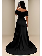 abordables Vestidos de baile-A-Line Sheath Column Floor Length Evening Gown Ball Gown with Overskirt Formal Dress Elegant Glittering Black Dress Short Sleeve Off Shoulder Wedding Formal Satin Velvet with Glitter
