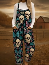 baratos Calças de Halloween-Macacão feminino 100% algodão, leve, gráfico, sem mangas, perna larga, gola redonda, com bolso, férias, diário, ajuste solto, vermelho, azul, roxo, verão