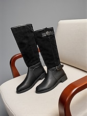 abordables Bottes de cheval-bottes hautes à tige réglable pour femmes - combinaison de daim et de similicuir avec détail de boucle, chaussures de style équitation à la mode pour les tenues décontractées urbaines et les vêtements