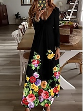 Women's Maxi Dress T Shirt Dress Tee Dress A Line Dress Vacation Casual Boho Daily Holiday Date Regular Fit Floral Graphic Long Sleeve V Neck Black Fall Winter4