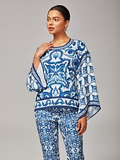  Mujer Camisa casual Arte abstracto Casual Campana Azul cielo Elegante Bohemia Vacaciones Cuello Barco Verano Primavera