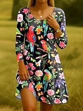 ieftine rochie florală-Rochie mini pentru femei cu guler rotund mânecă lungă rochie casual rochie de tip T-shirt rochie stil Tee rochie în A casual tăiere regulată grafic floral guler rotund negru albastru violet verde