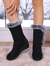 זול מגפי שלג וחורף-מגפי חורף שחורים לנשים עד אמצע השוק - מגפי שלג עם בטנת פרווה רכה, עקב טריז נגד החלקה, נעלי טרקים וטיולים חמות