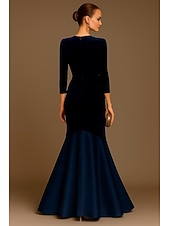 baratos Vestidos de Noite-Vestido de noite sereia/trompete em veludo azul, elegante, formal, para casamento, comprimento até o chão, manga comprida, decote em V com pregas, 2025