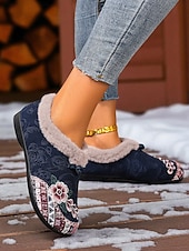 economico Scarpe di Natale per Donne-scarpe slip-on da donna con fodera in pelliccia ricamata rossa e motivo floreale, calde scarpe invernali per Natale, periodo festivo e abbigliamento casual