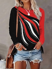 Χαμηλού Κόστους Τι-shirt με ρίγες και γεωμετρικά σχέδια-Γυναικεία Μπλουζάκι Στάμπα Γραφική Γεωμετρικό Αφηρημένο Βίντατζ Μοντέρνα Στυλάτο Μακρυμάνικο Στρογγυλή Ψηλή Λαιμόκοψη Στρογγυλή Λαιμόκοψη Κανονικά μπλουζάκια Καθημερινά