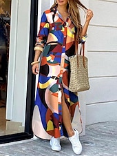 ieftine rochie florală-Pentru femei Rochie Maxi Rochie de schimb Casual Zilnic Dată Fit regulat Floral Grafic Manșon Lung Guler Cămașă Galben Roz Îmbujorat Roșu-aprins Albastru piscină Vară Primăvară Toamnă