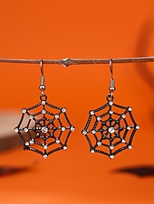 levne Halloweenské doplňky-Sada dámských visících náušnic na Halloween – pavučina a pavouk, lebka, netopýr a duch, lehká černá slitina s kamínky, gotický styl pro kostýmní večírky, cosplay a večerní zábavu