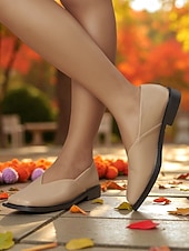 cheap Women's Flats-Women's Beige Square Toe Slip-On Loafers - Faux Leather Low Heel Comfort Shoes with V-Cut Vamp, Minimalist Modern Style for Casual Wear, Office Outfits and Autumn Fashion