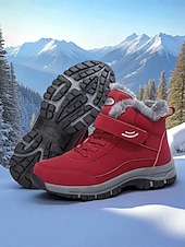 Χαμηλού Κόστους Χερευτές και χειμερινές μπότες-Γυναικεία σκούρα κόκκινα αδιάβροχα χειμερινά μποτάκια πεζοπορίας – βελούδινα, αντιολισθητικά παπούτσια για χιόνι, ζεστά παπούτσια πεζοπορίας και ταξιδιού