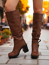 abordables Bottes souples-Bottes hautes en similicuir noir pour femme avec brides à boucle et talons carrés - Bottes tendance automne-hiver pour un usage quotidien, un style urbain et des tenues décontractées