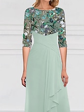 economico Lunghezza del pavimento-Linea ad A Lunghezza al pavimento Abito Formale Abito da sera Mezza Manica Scollo a Barca Elegante Semplice Lussuoso Formale Ospite di nozze Chiffon Pizzo Pizzo con perline Abito da cerimonia per